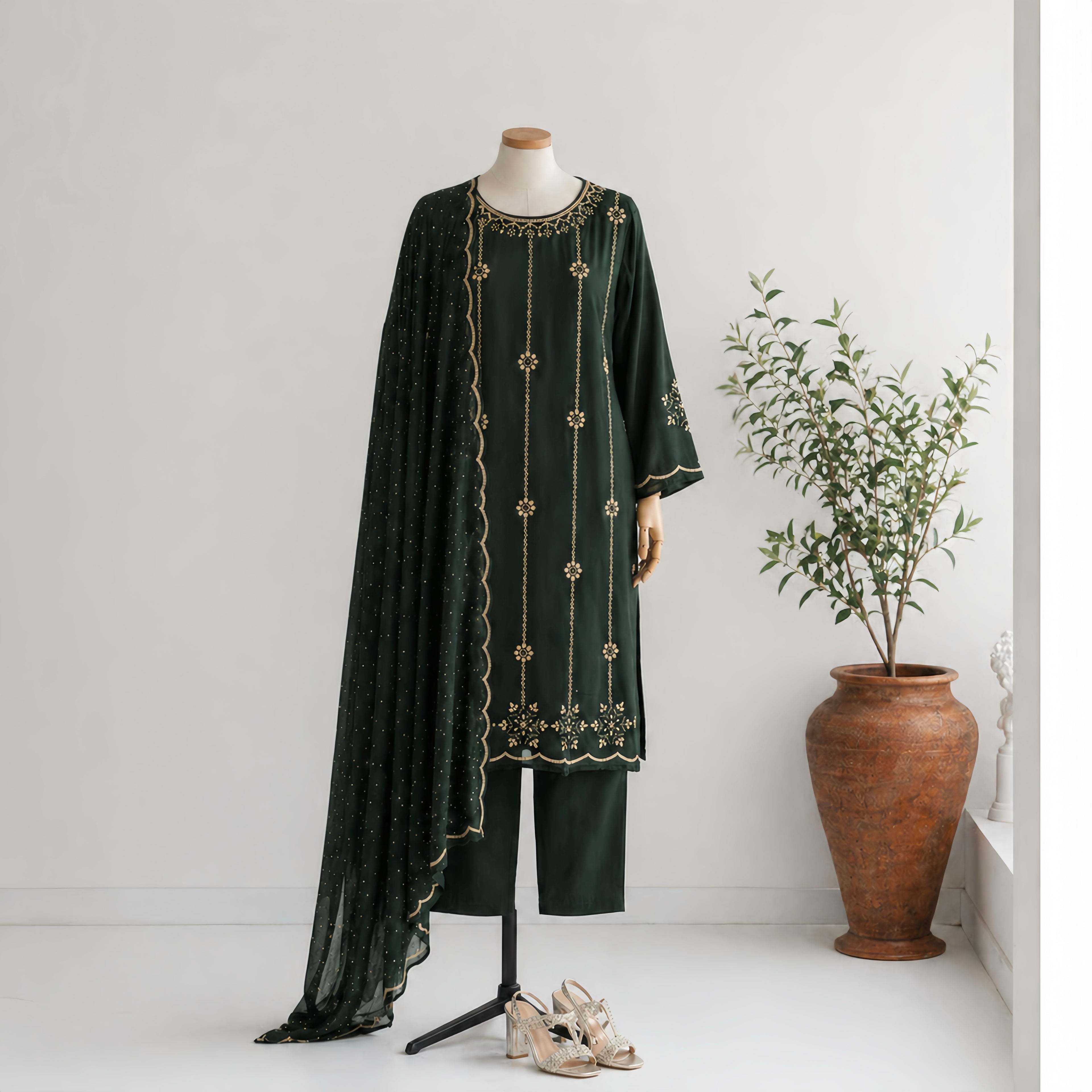 Vantique Elegant Embroidered Kurta Set with Dupatta