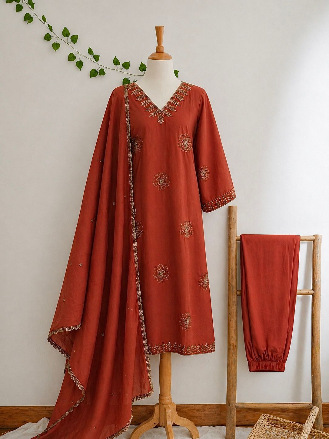 Vantique Embroidered V-Neck Kurta Set with Dupatta